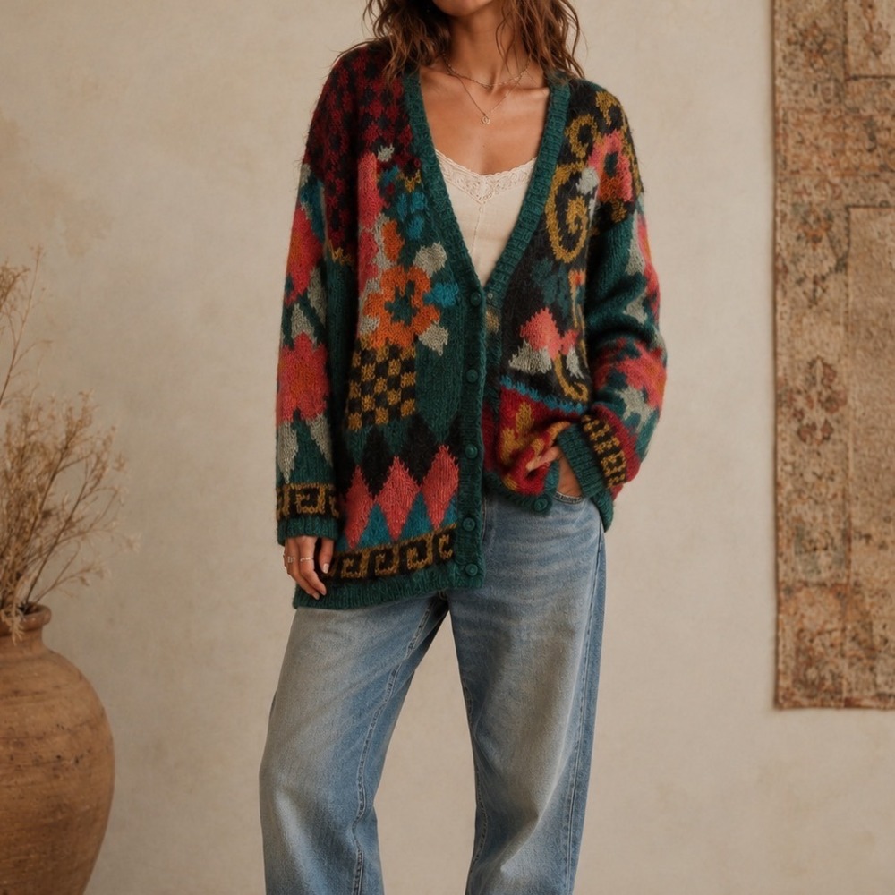 Vintage Susan Bristol Mohair Hand Knit Cardigan Floral Boho Oversized Large a5